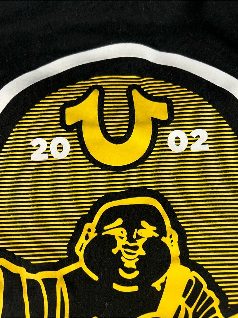 True Religion Black Tee with Yellow Logo Arch Graphic